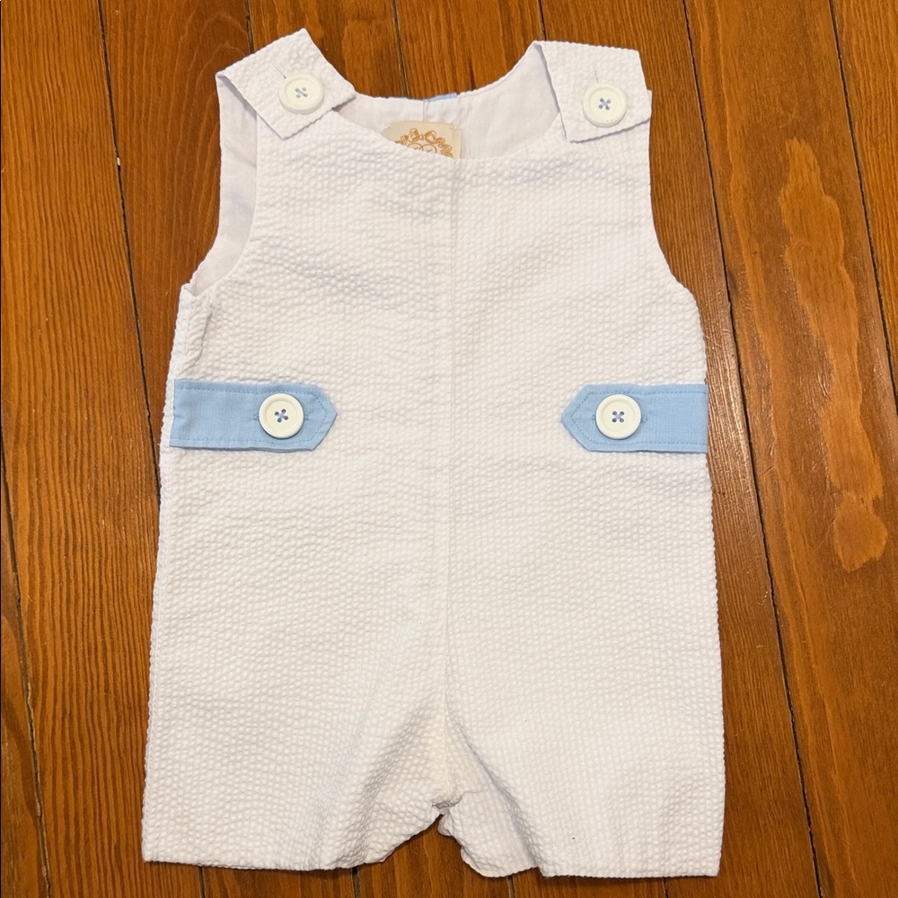 The Beaufort Bonnet Company White and Light Blue Seersucker Baby Romper